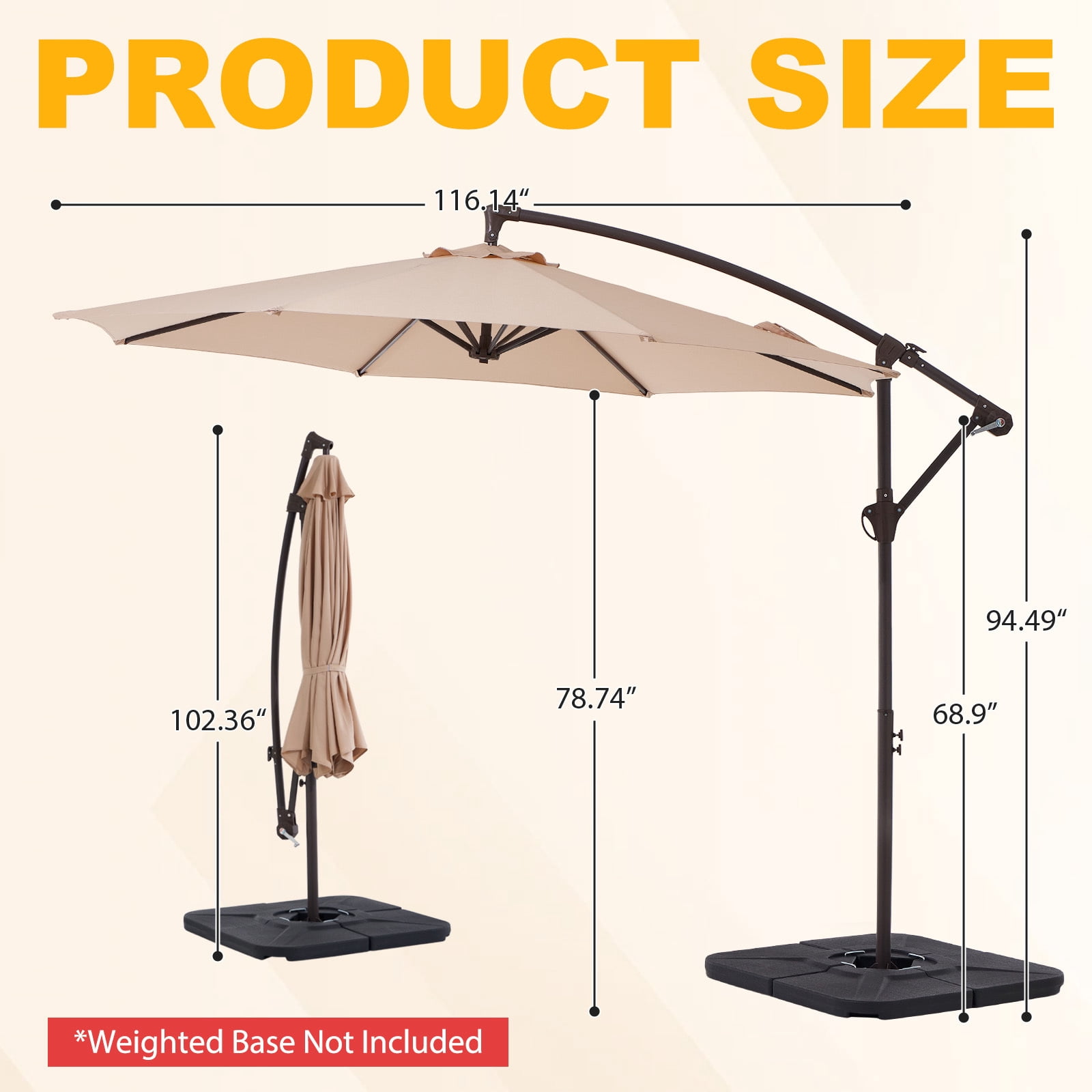 FUNDAZE 10ft Patio Umbrella, Hanging Cantilever Offset Outdoor Umbrella with Tilting for Deck Backyard, Base Sold Separately,Beige