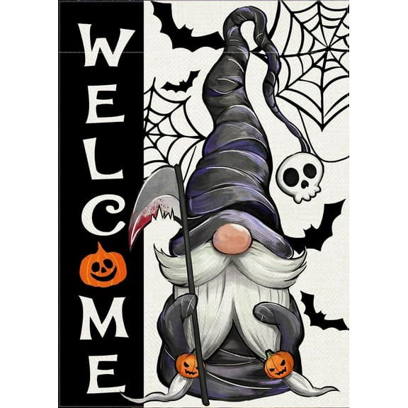 Welcome Halloween Gnome Decorative Garden Flag, Spooky Jack O Lantern Pumpkin Skull Spider Web Bat Yard Outside Decorations, Funny Holiday Burlap Outdoor Small Home Decor Double Sided 12 x 18