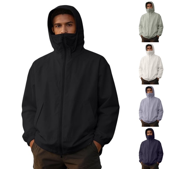 LWFFDAW Men's UPF 50 Sun Protection Jacket Hooded with Mask Lightweight Long Sleeve Hooded Jackets Breathable Loose Hiking Athletic Jacket