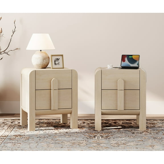 Mid-Century Modern Wood Nightstand Set of 2 with Drawers ,Curved End Table with Built-In Charging Station for Bedroom, Living Room,Entryway