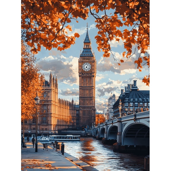Autumn London Big Ben Canvas Painting, Suitable for Living Room,Hotel, and Restaurant Decoration.
