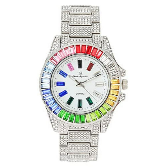 Women's Baguette Cut Iced Out Diamond Watch - Drop it Down with This Bling'ed Out Crystal Watch on Your Wrist Ladies!! Hakuna Matata!! - ST10372MLA (ST10372MLAMC Metal SLV Rainbow)