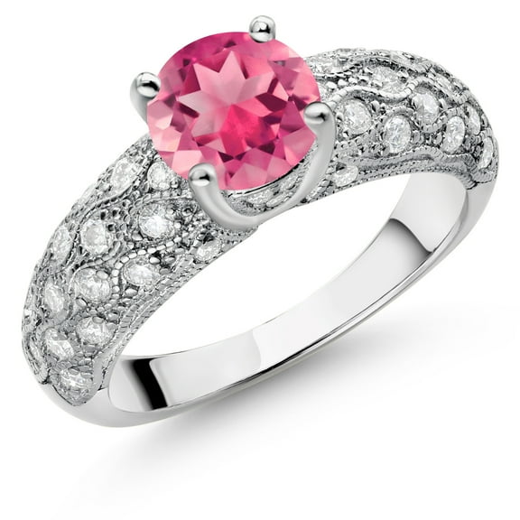 Gem Stone King 925 Sterling Silver Pink Mystic Topaz and White Moissanite Engagement Ring for Women (1.99 Cttw, Round 7MM, Gemstone, Size 6)