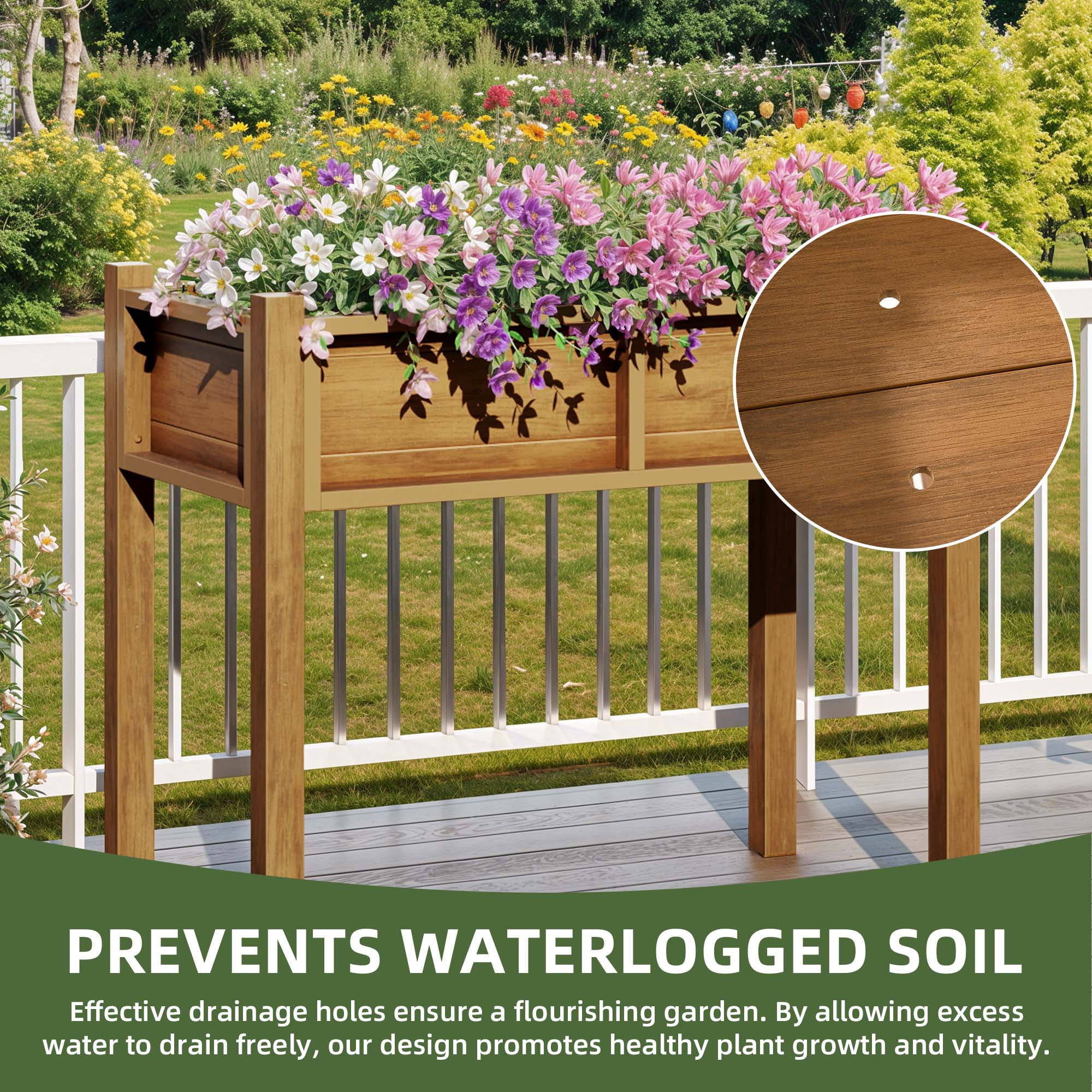 Uforic 34"W HIPS Elevated Planter Box, Weatherproof Raised Garden Bed with Drainage, Natural
