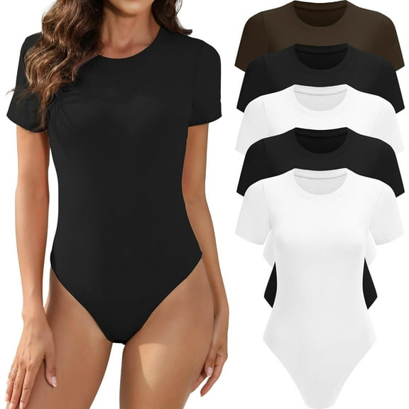 5 Pack Body Suits for Womens Short Sleeve Round Neck Casual Stretchy Basic T Shirt Bodysuit Tops