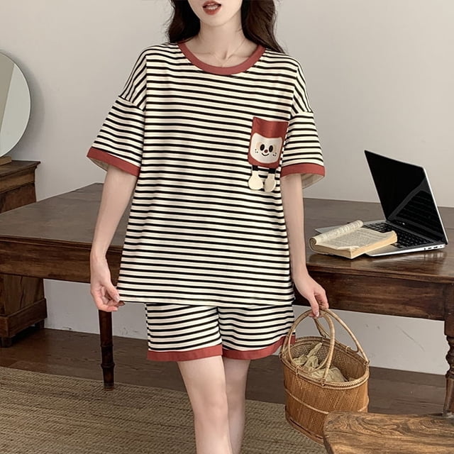 Ropa de dormir bonita de dibujos animados para dormir para mujer, moda coreana, conjuntos de pijamas de manga corta a rayas para verano, trajes para el hogar, ropa nueva