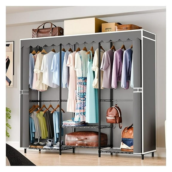 Garment Rack with Cover - Heavy Duty Closet Organizer, 70" Wide Portable Wardrobe - Adjustable Height Clothing Rack for Bedroom, Dorm, Apartments