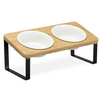 Navaris Dog Bowls with Stand - Double Stoneware Food Bowl with Elevated Holder Made of Bamboo and Metal - Set for Cats and Dogs - 11 oz (330 ml) Capacity