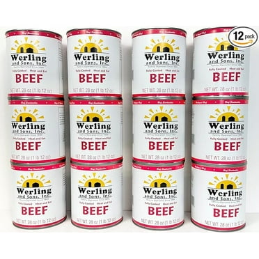 Werling & Sons Canned Beef 28 oz – Fully Cooked, Heat & Eat | Shelf-Stable Canned Meat for Pantry, Camping, Hiking, Emergency Food Supply & Everyday Meals | Made in USA | 5-Year Shelf Life | 12 Pack
