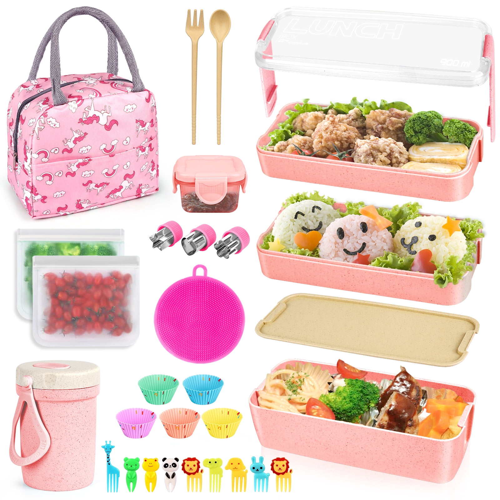 AOKIWO 27 Pcs Bento Box Lunch Box Kit, Stackable 3-in-1 Compartment  Japanese Lunch Box Set, with Leakproof Lunch Container for Kids and Adults  