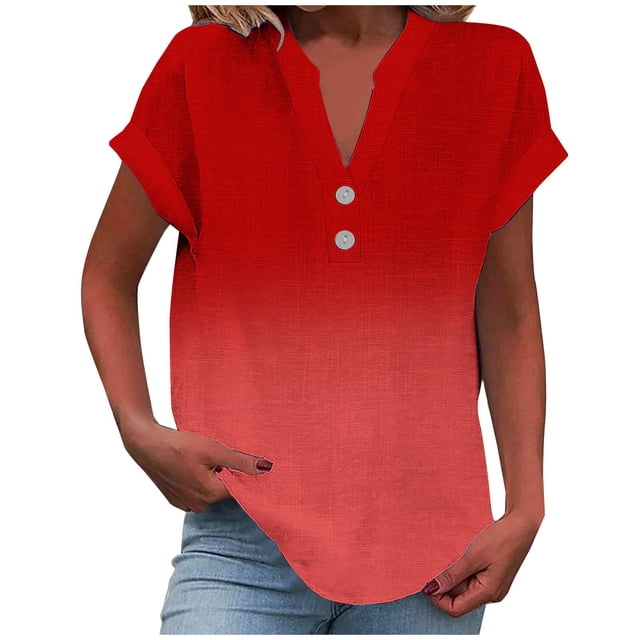 fatyb Womens Printed V Neck Tops Short Sleeve Button V Neck Tshirts Lightweight Summer Beach Blouses