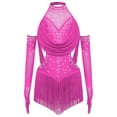 thumbnail image 2 of iixpin Girls Sleeveless Mesh Drapes Tassels Bodysuit for Samba Rumba Latin Rhinestones Dance Dress with Gloves Hot Pink 12, 2 of 6