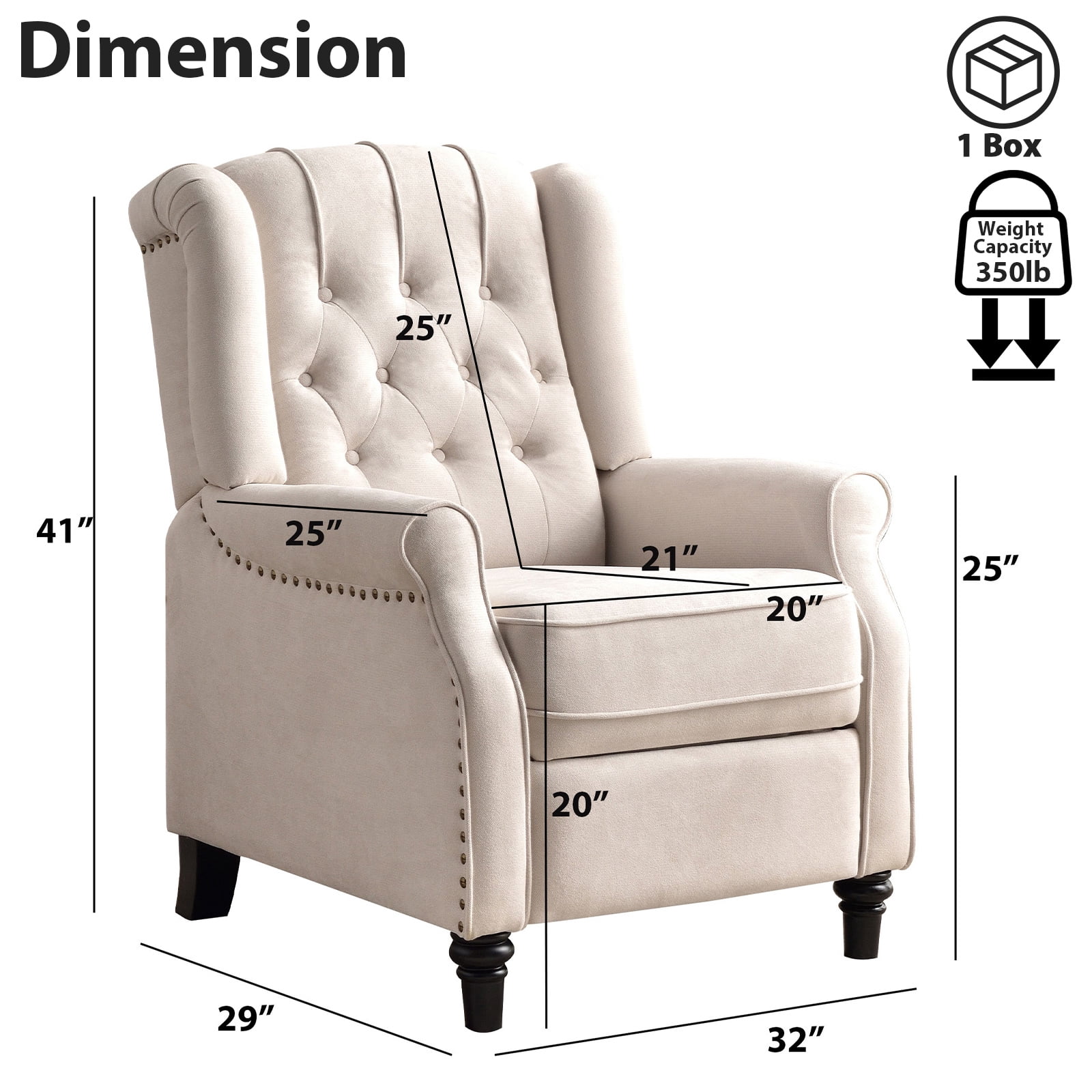 Bonzy Home Pushback Recliner Fabric Reclining Chair Sofa for Living Room, Cream