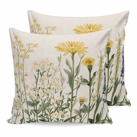 Pillow Covers 20x20 Set of 2, Yellow Spring Floral Square Throw Pillow Covers for Couch/Sofa/Living Room, Summer Botanical Flowers Rustic Decorative Soft Pillowcases for Couch Throw Pillows