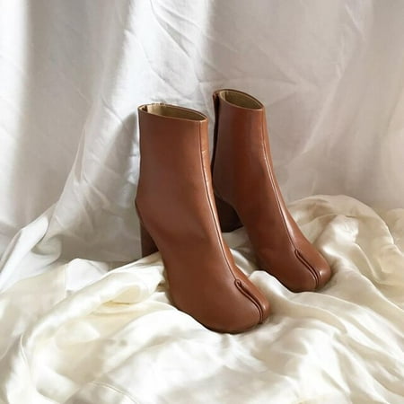 

2022 Luxury Brand Designer Split Toe Ankle Boots New Fashion Chunky Round High Heels Women Boots Winter Tabi Shoes Short Boots