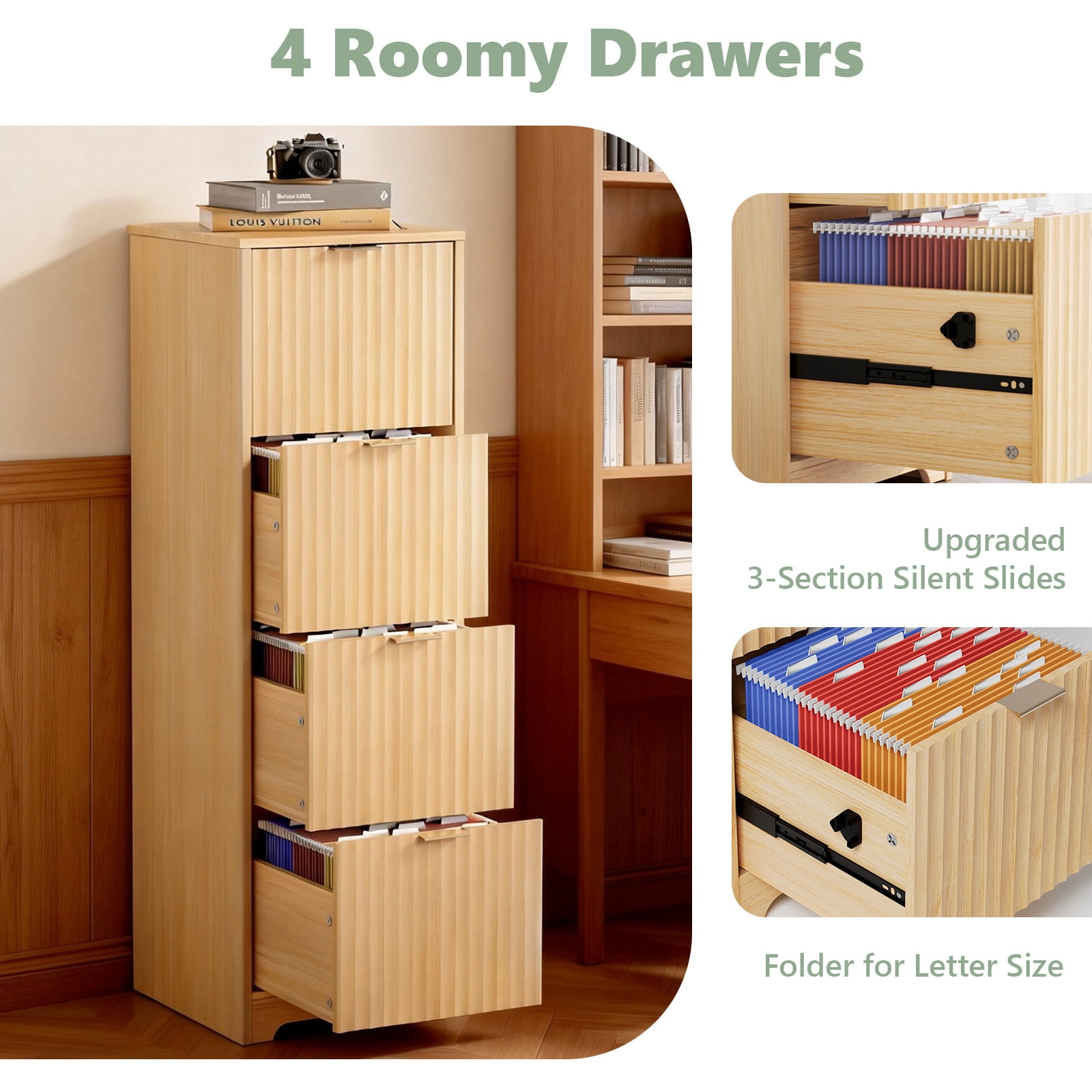 Ktaxon Tall 4-Drawer Wood File Cabinet Vertical Filing Cabinet for Letter A4-Sized Files Easy to Assemble, Modern Style Fluted Design Wood