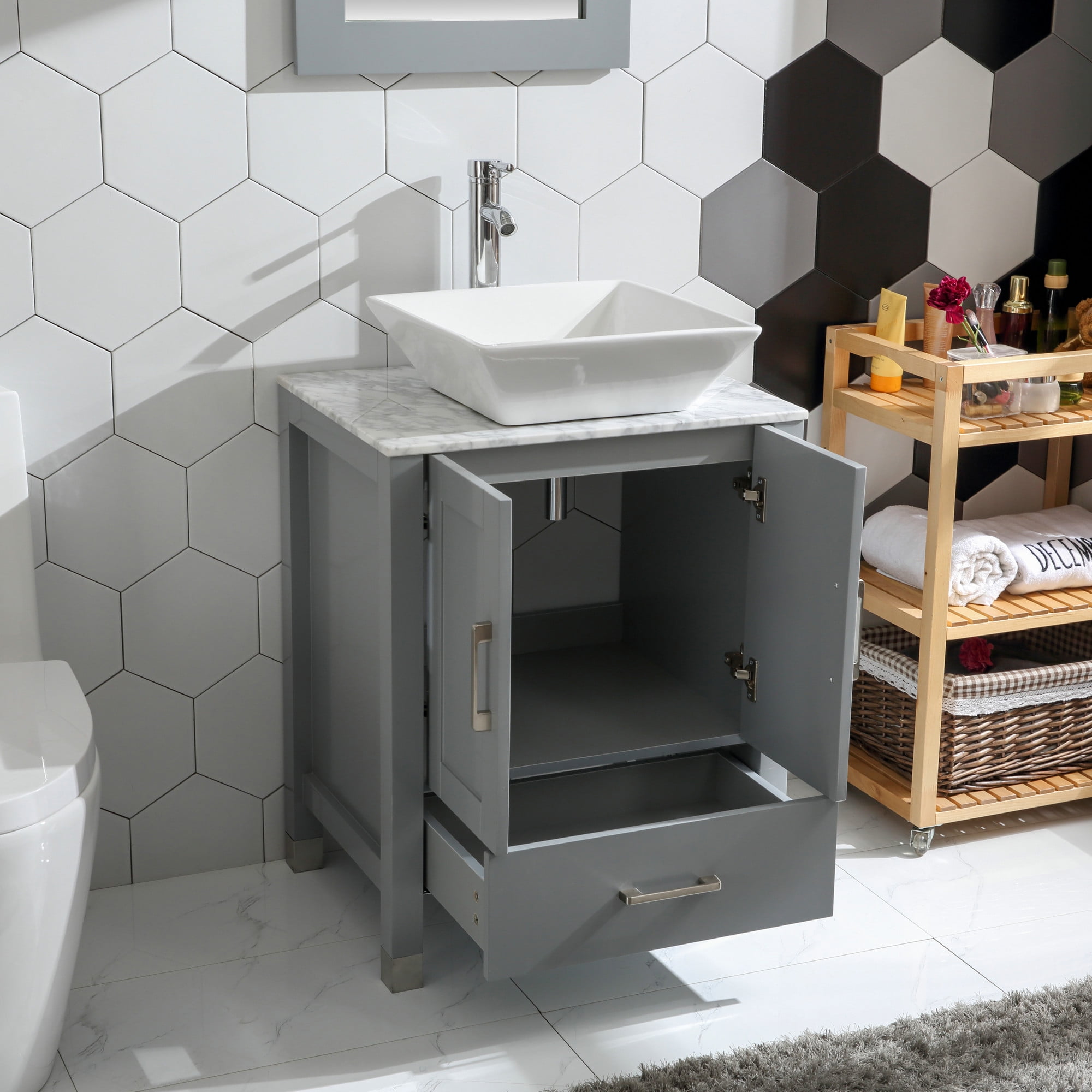 Goodyo 24"  Bathroom Vanity and Sink Combo Solid Wood Structure Marble Pattern Top Mirror, Faucet, Gray