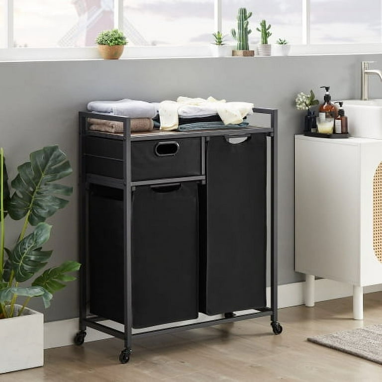 Hamper With Wheels Double Laundry Hamper With Shelf Drawer Large Laundry Sorter Basket With 2 side Fences Rolling Dirty Clothes Hamper Organizer For