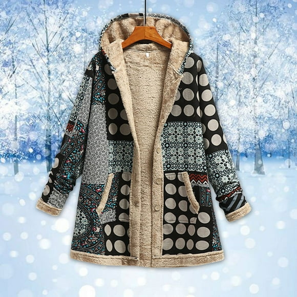 jsaierl Women's Vintage Ethnic Fleece Lined Hoodies Oversized Button Down Long Sleeve Fuzzy Jacket Sweatshirt Graphic Plus Size Hooded Coat