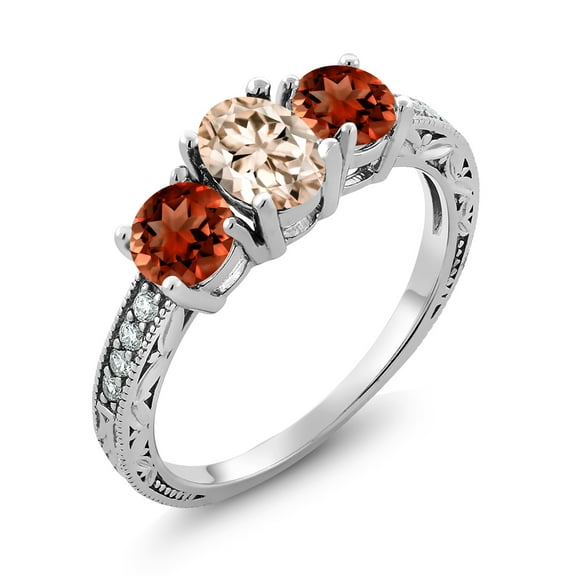 Gem Stone King 925 Sterling Silver Oval Peach Morganite Red Garnet and Moissanite Ring for Women | 2.77 Cttw (Size 9)