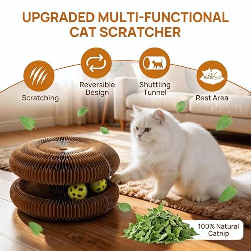 Twisty Paws Cat Toy - Magic Organ Kitty Curl Scratcher with Bell-Ball, Magnetic & Foldable Cardboard Shape Shifting, Interactive Accordion Kurlz Board for Indoor Cats