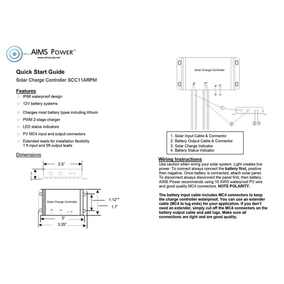AIMS Power Solar Charge Controller Waterproof 11 Amps with Easy Install Pre-Wired Cables for AGM, Gel, and LiFePO4 Lithium Battery