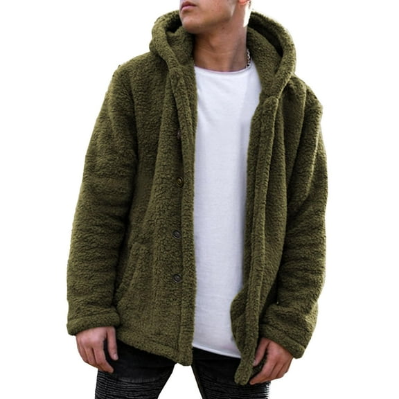 WTOBBY Men's Fall and Winter Solid Color Hooded Fleece Coat, Fleece Fashion Trend Menswear for Casual and Street Style, Soft and Warm for Daily Wear,Army Green L