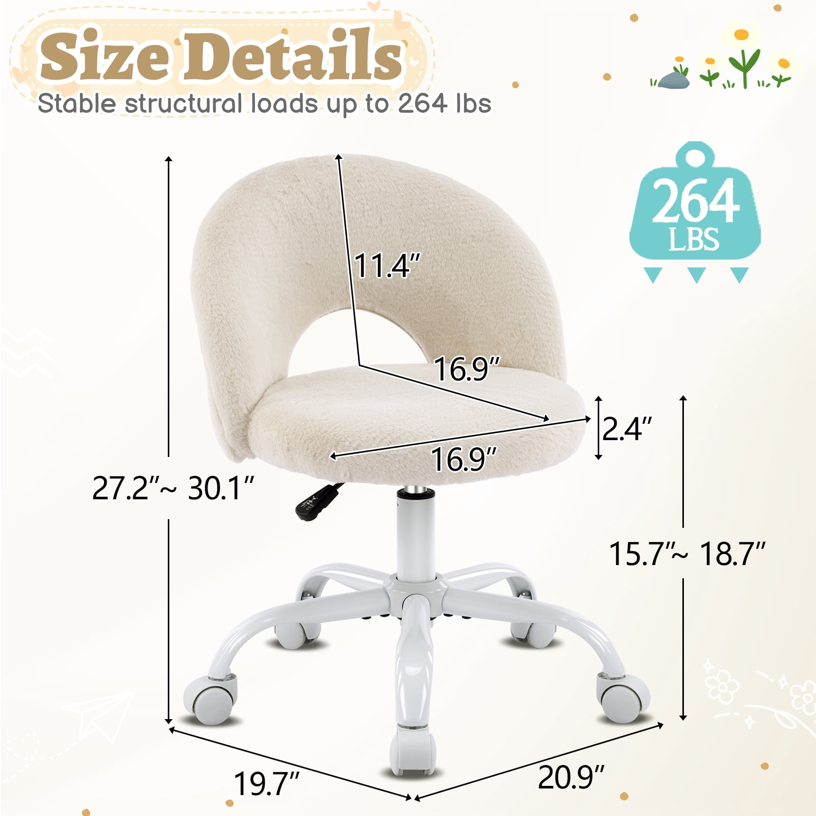 Ktaxon Vanity Makeup Chair Comfy Cute Accent Chair Small Swivel Task Office Chair with Wheels Faux Rabbit Hair Beige