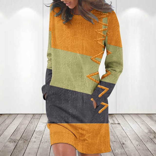TopLLC Longues Robe à Manches à Col Rond Mode Femme Manches Longues Imprimé Col Rond Robe Longue pour Dames Sortie de Vacances Robe Femme en Liquidation