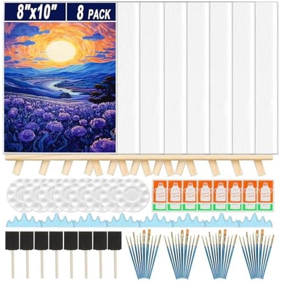 8 Pack Mini Canvas and Easel Set, 8×10 Inch Paint Party Kit Include 8 Small Easels 8 Color Palettes 8 Pen Holders 8 Sponge Brushes 16 Apron and 40 Brushes, Canvas Kit for Painting Party$$Art & Craft