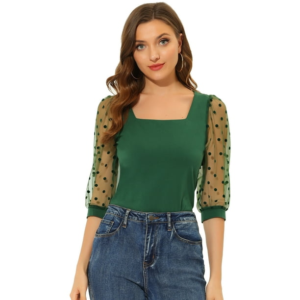 Blusa Vintage Con Cuello Cuadrado Para Mujer, Ajustada, Semitransparente, Con Mangas Abullonadas De Malla 3/4 Verde Oscuro S