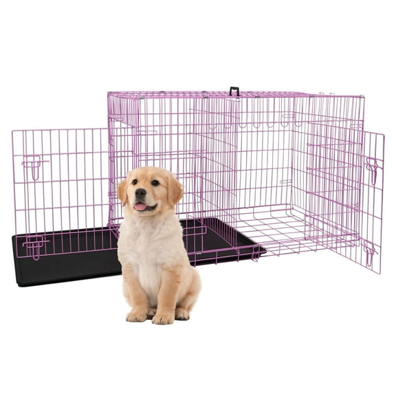 YRLLENSDAN 30in Dog Crates for Medium Dogs, Dog Kennel Indoor Dog Cage Metal Dog Crate with Divider & Double-Door Kennels Foldable Dog Crate, Pink