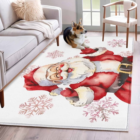 2.7'x5' Area Rugs, Red Santa Christmas Indoor Outdoor Area Rug for Living Room Bedroom, Xmas Snowflake Watercolor Washable Bathroom Rugs Kitchen Floor Carpet Mats Home Decor Aesthetic