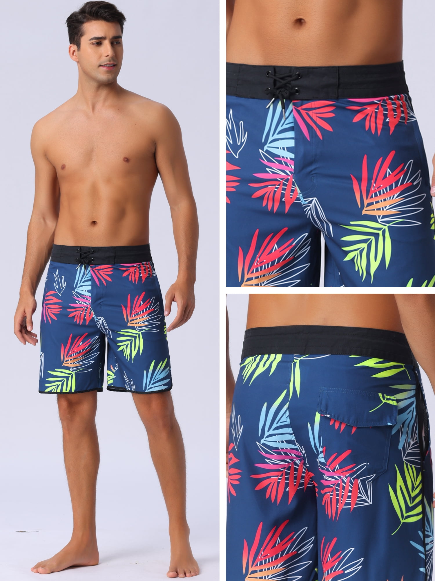 DARING DIVA Men's Elastic Waist Drawstring Hawaiian Print Athletic Swim Trunks 34 Dark Blue