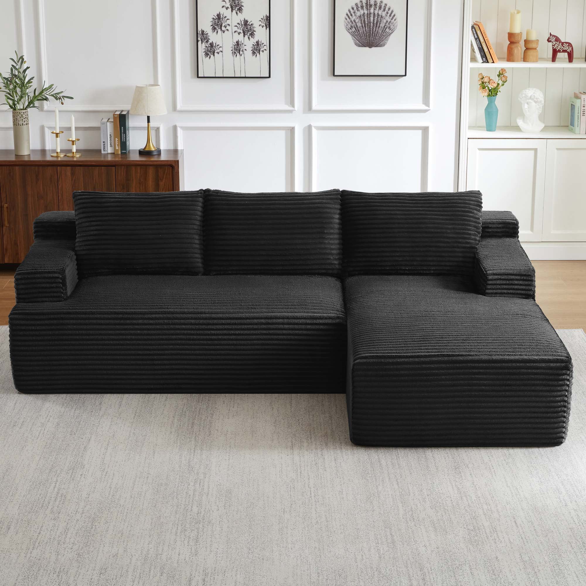 Miniyam 96" Sectional Sofa with with L-Shape Chaise, Modular Couches for Living Room, Bedroom, Black (Right Facing Chaise)
