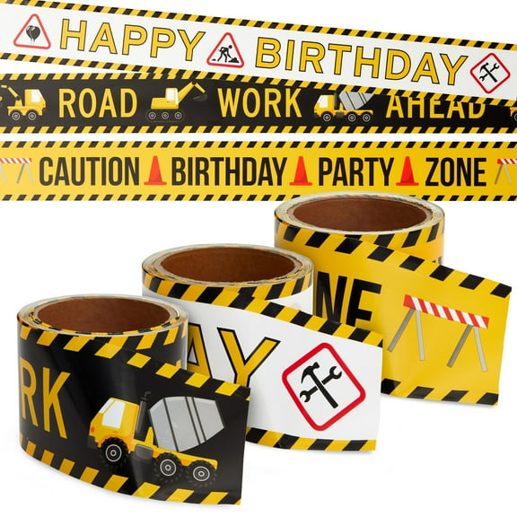 Blue Panda Construction Birthday Party Supplies Tape - 3 Rolls, 3 in x 100 Ft, Black, Yellow & White - Birthday Caution & Construction Tape Roll for Party Decorations