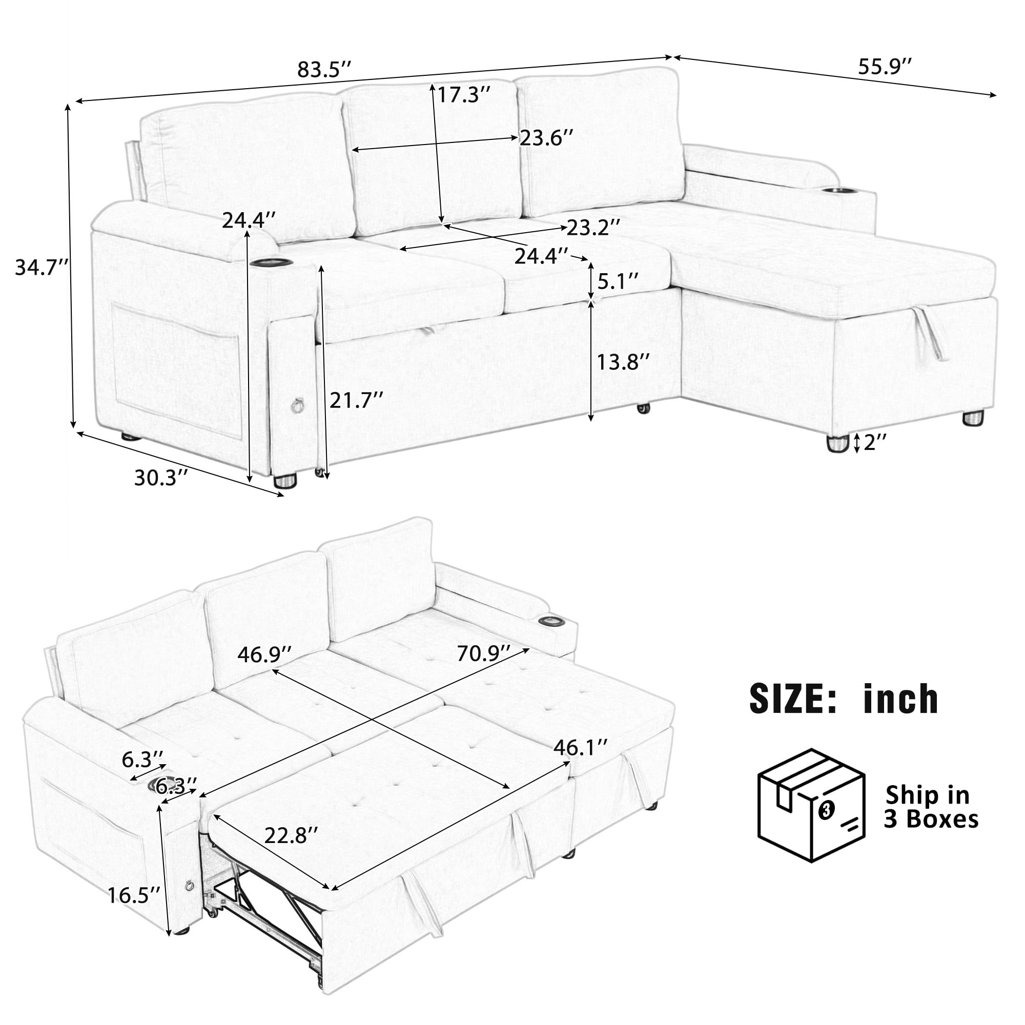 83.5" L-shaped Sofa Couch Convertible Sofa Bed Sectional Sofa Pull Out Bed with Two Cup Holders and Two USB Ports for Living Room,Beige