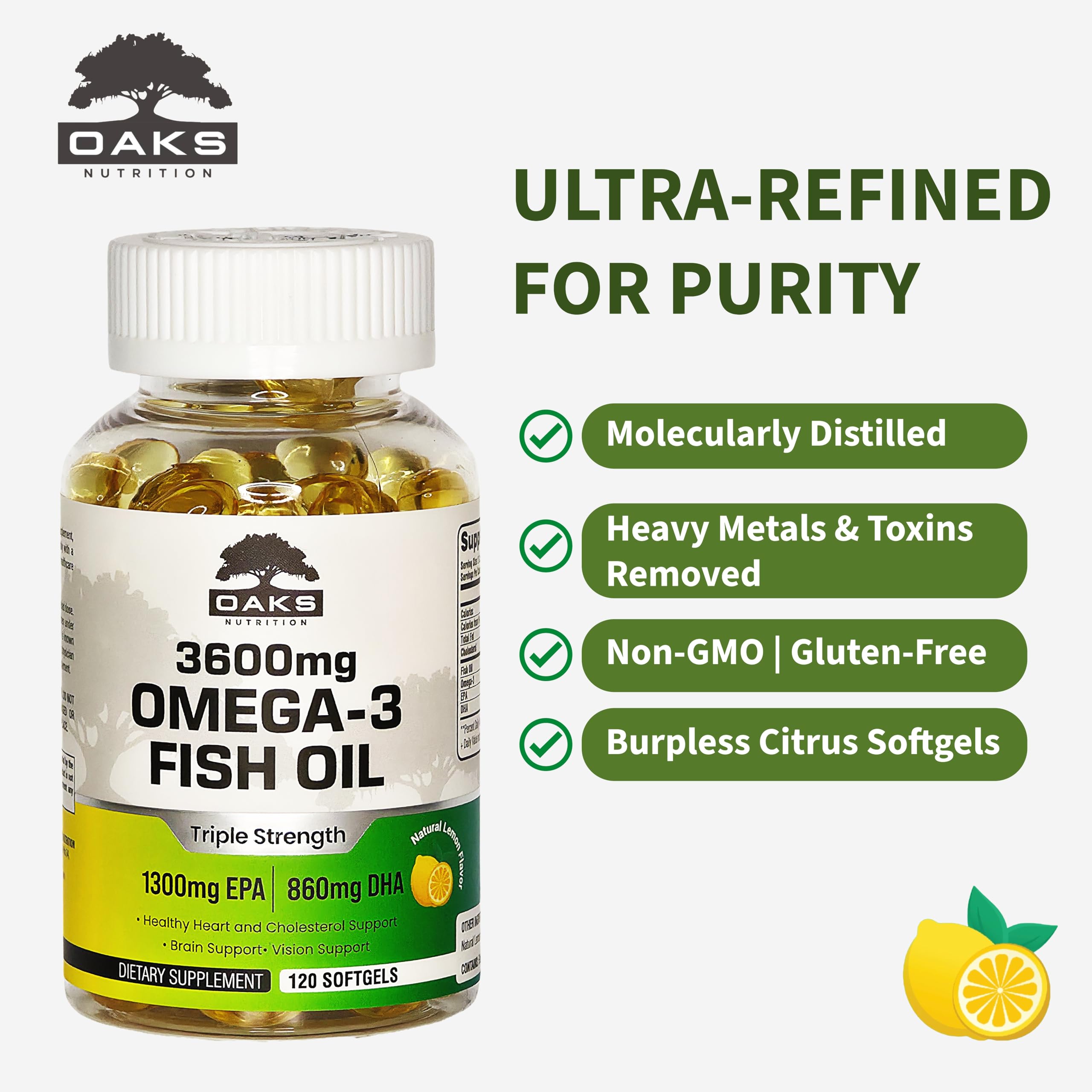 Oaks Nutrition 3600mg Fish Oil, 2160mg Omega-3 (1300 EPA/860 DHA), 120ct