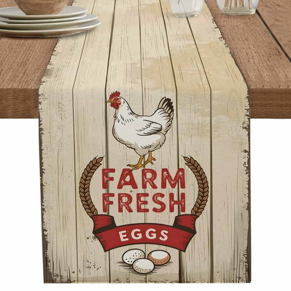 Farmhouse Rooster Eggs on Vintage Table Runner-70 Inch Long Rustic Wooden Board Table Runners Linen Burlap Tablerunner for Kitchen Dining Room Holiday Party