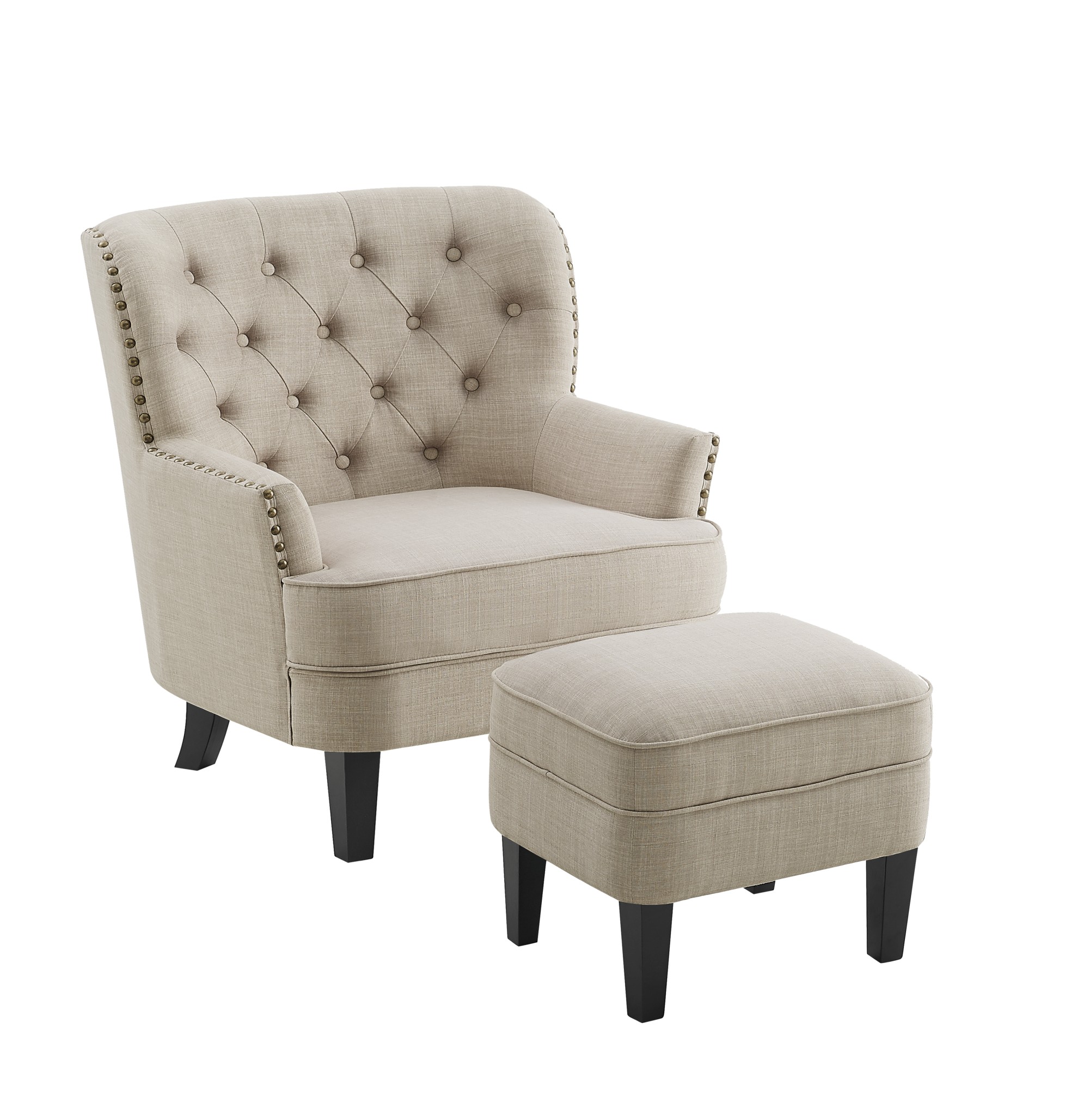 Gewnee Beige 30-Inch Armchair with 20-Inch Ottoman Style - Solid Rubberwood Legs, Breathable Linen Fabric, Suitable for Living Room & Balcony