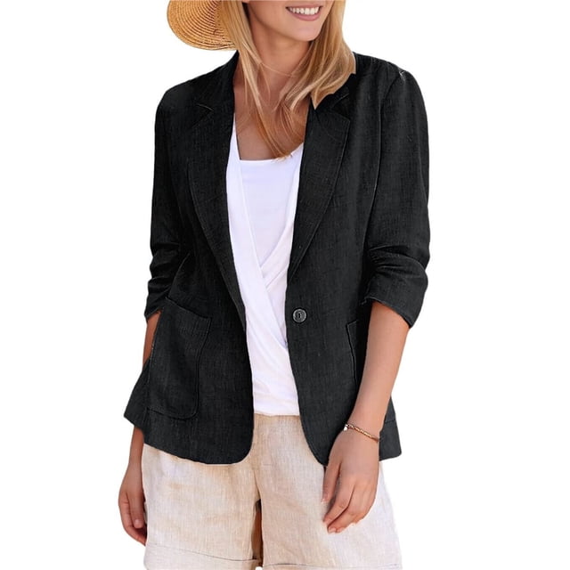 Chaqueta de Trabajo Informal Ligera para Mujer, con Solapa, Mangas Cuartos, Plisada Elástica, Forrada y Bolsillos Negro L
