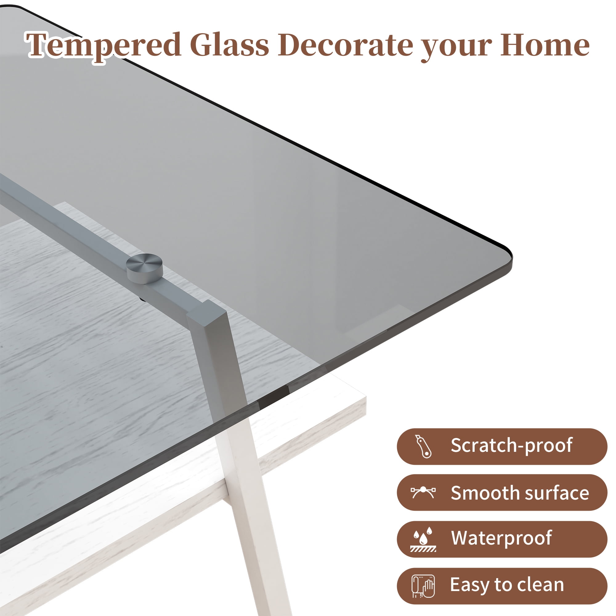 MAYEERTY Rectangle Coffee Table with Tempered Tempered Glass Top and White Metal Legs