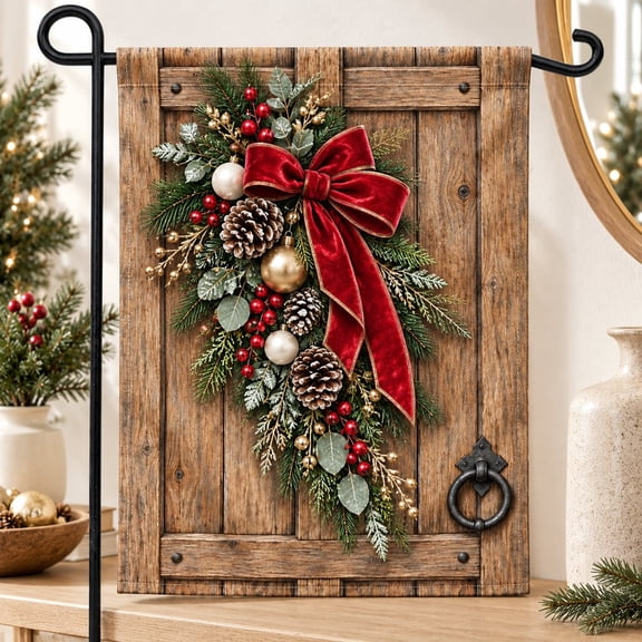 Garden Flag Pine Wreath Polyester Front Door Porch Decor for Christmas