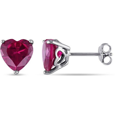 Heart Shaped Ruby Earrings - Tangelo 5.68 Carat T.G.W. Heart-Shaped Ruby Sterling Silver Earrings