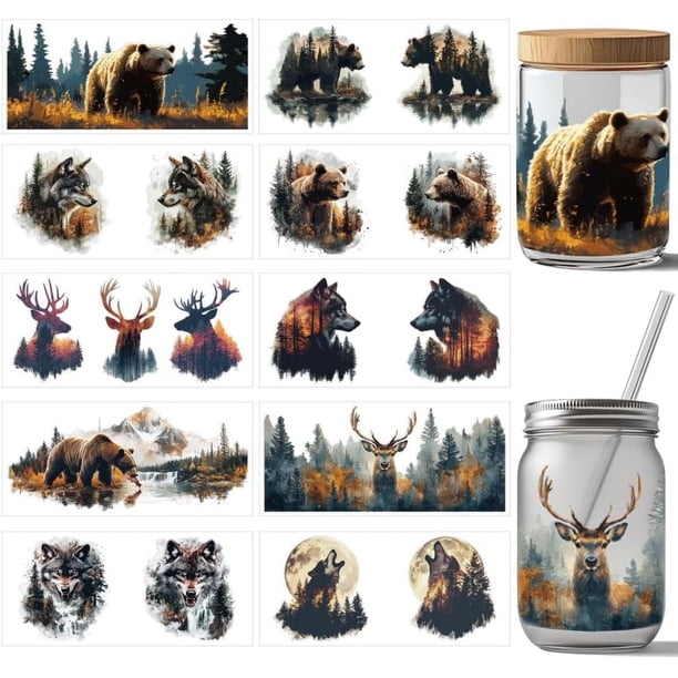 10 pegatinas de transferencia UV DTF para vasos con diseño de lobo, oso y ciervo, 10 estilos de animales salvajes, pegatinas para frotar, siluetas de PVC, calcomanías impermeables para vasos.