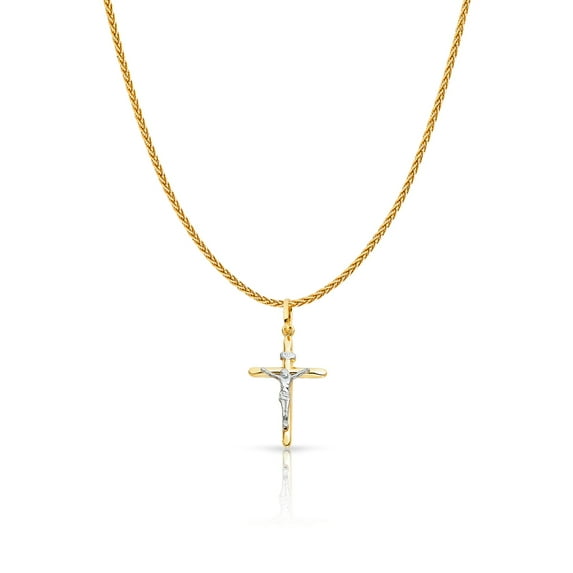 14K Two Tone Gold Crucifix Cross Charm Pendant with 1.1mm Wheat Chain Necklace - 18"