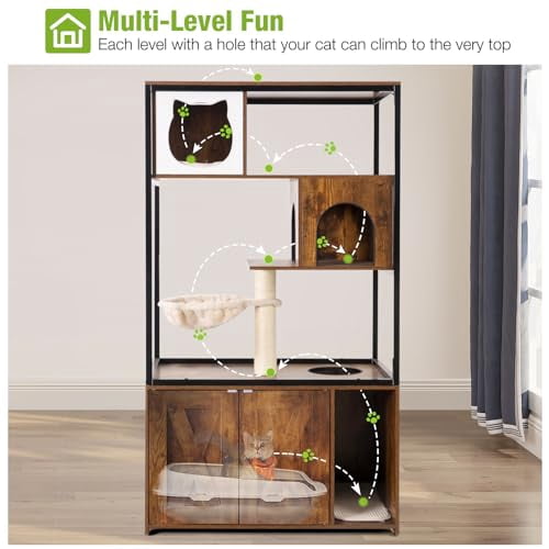 Aivituvin All-in-One Cat Litter Box Enclosure Hidden Litter Box Furniture with Cat Tree, Scratching Post, Cozy Cat Cave, Hanging Hammock, Storage Cabinet, Durable & Space-Saving