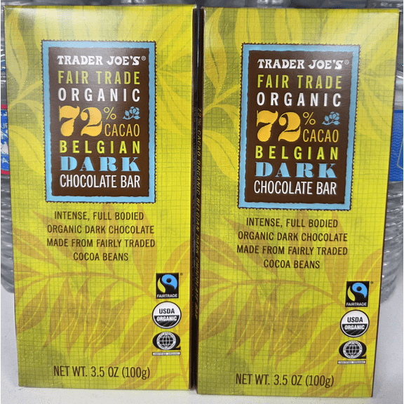 Trader Joe's Fair Trade Organic 72 Percent CACAO Belgian Dark Chocolate Bar 3.5oz 100g (2 Bars)