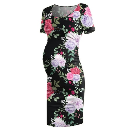

Christmas Gifts Women Mom Pregnancy Maternity Summer Floral Fashion Dresses Clothes Polyester Black S