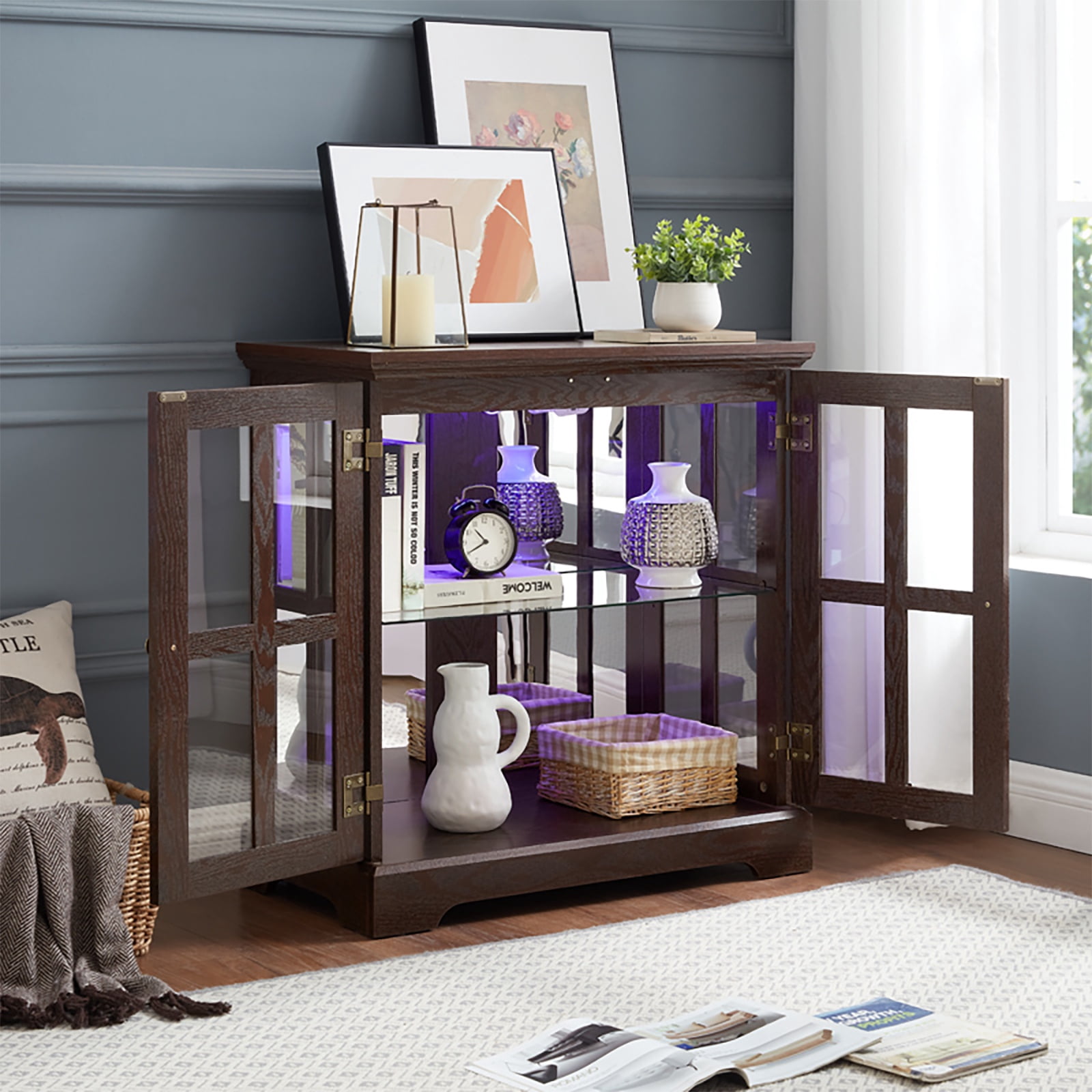 PORKISS Retro Display Cabinet with Glass, Showcase Bookcase Storage Cabinet with Adjustable Shelves, Curio Cabinet with LED Lights, Cherry